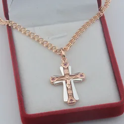 FJ New 5 Style Red Stone/White Religion Cross Women Unisex 585 Rose Gold Color Necklace Jewelry