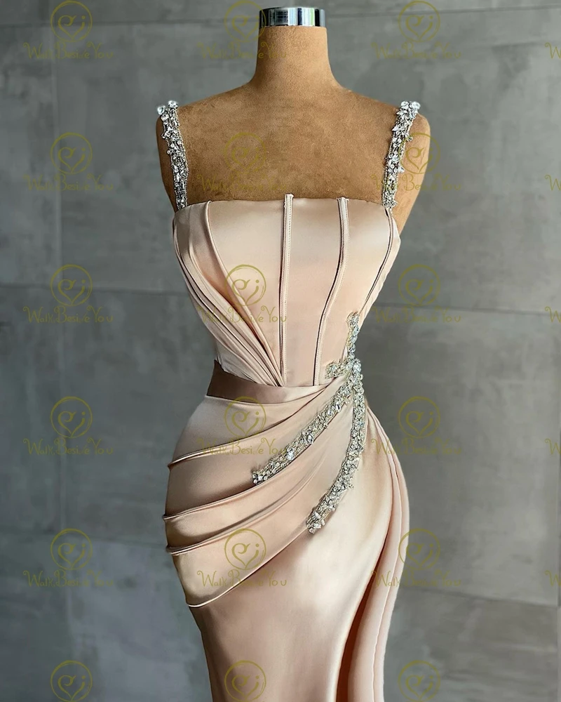 Robe de Bal Longue de Forme Sirène pour Femme, Tenue de Soirée, Champagne, Fente Haute, Bateau, Encolure Perlée, Bretelles Spaghetti, Quel que soit l'Élégant, Luxe Turc, 2024