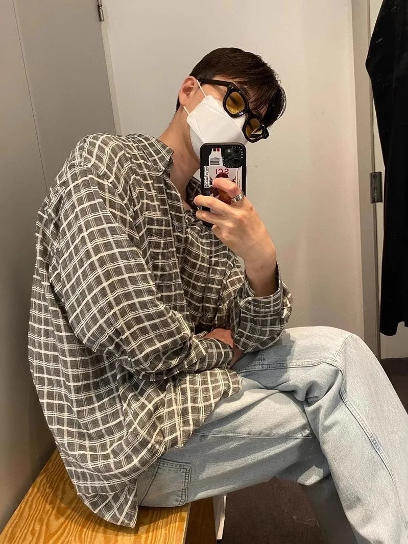 

ay Plaid Loose Long Sve irt Oversized Fit Men's Women's Faionable Lazy Sle Cotton Pure Fabric Autumn Season