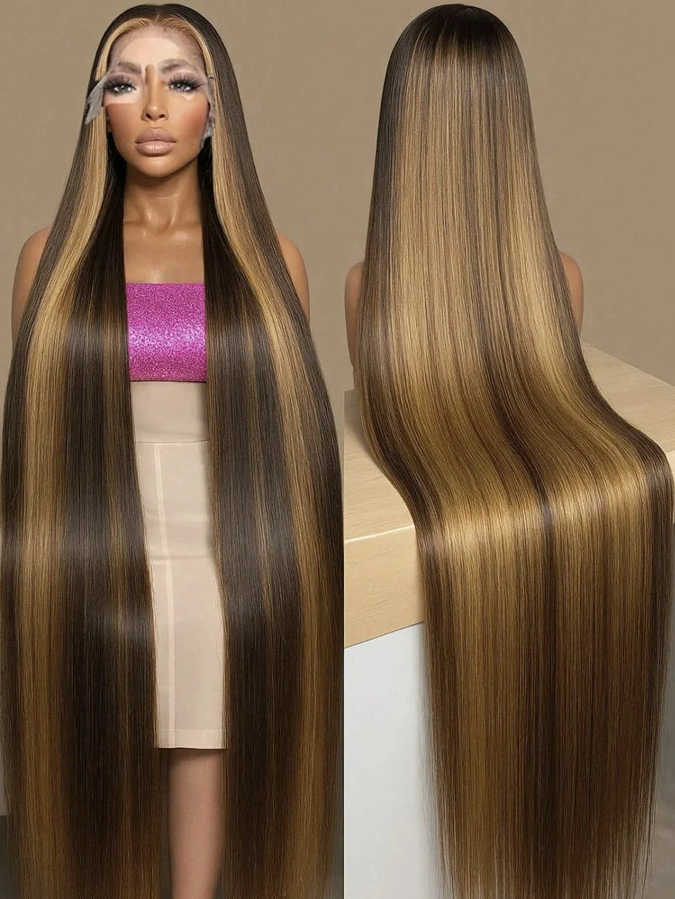 Highlight P4/27 Blended Human Hair Wig - 250% Density Piano Color Straight Hair - Pre-Plucked Hairline And Baby Hair -Ready To Wear Instantly Without Glue - Multiple Sizes Human Hair Wig For Women