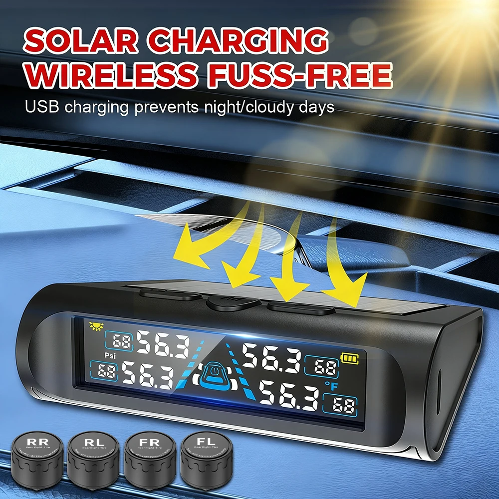 Car Security Alarm Systems Tire Pressure Monitoring Tyre Temperature Monitor ​Auto Accessories Solar TPMS Universal 4 Exteral