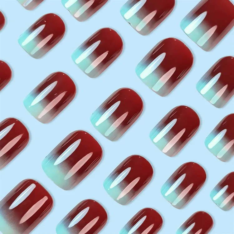 24 pièces Maillard court carré presse sur Falsenails automne hiver Simple bleu dégradé français faux ongles brillant marron Ins manucure