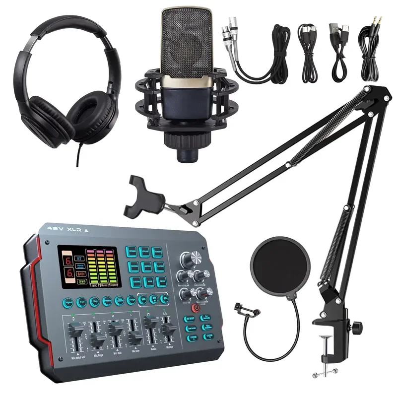 BOLRZO  M16 RGB PC Sound Card Podcast Audio Interface Podcast Microphone Headset Sound Card Podcast Equipment Kit