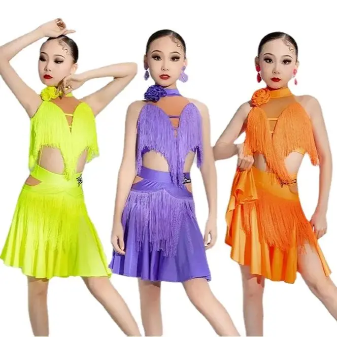 Children's Fringe Tango Latin Dance Costume Girls Kid Tassels Cha Cha Samba Ballroom Dance Dress Child Stage Performance Costume