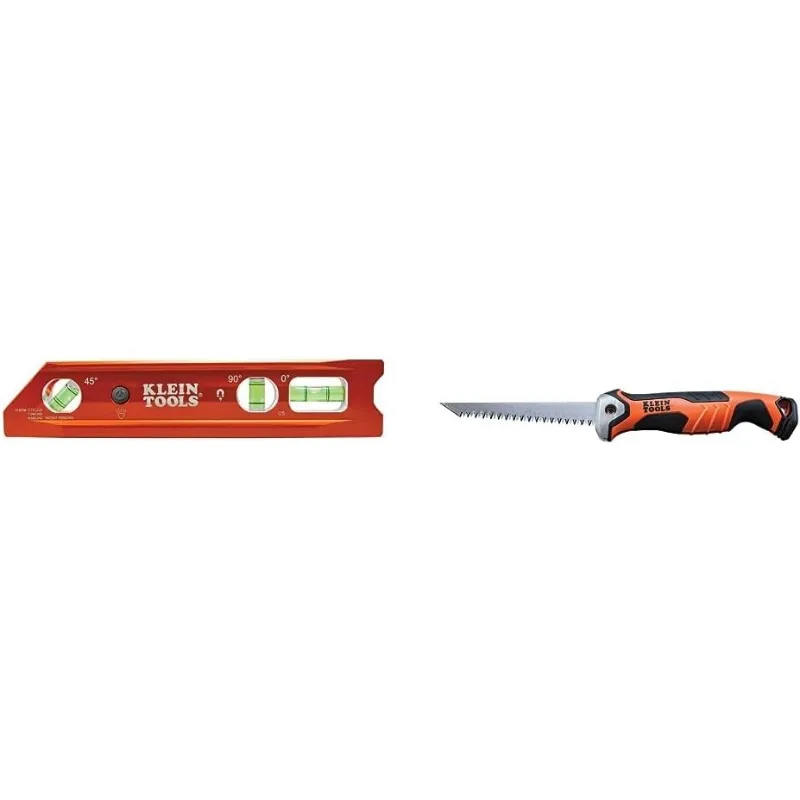 

Klein Tools 935RBLT Level, 9-Inch Lighted Torpedo Level with Magnet, 3 Vials and V-Groove & 31737 Folding Jab Saw/Drywall Saw