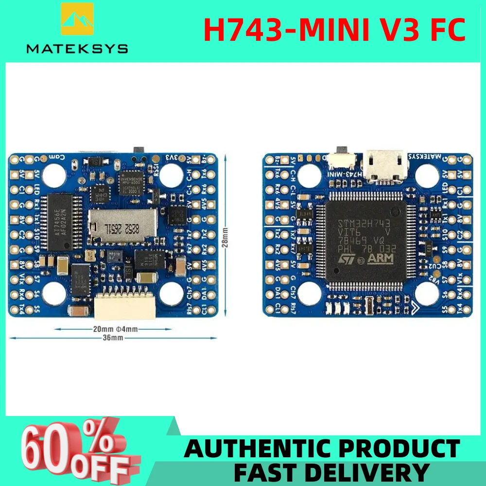 

Контроллер полета Matek H743-MINI V3 FC H743, 20x20 мм ICM42688P ICM42605 Встроенный OSD 11 PWM 2-8S Lipo для РУ FPV гоночного дрона