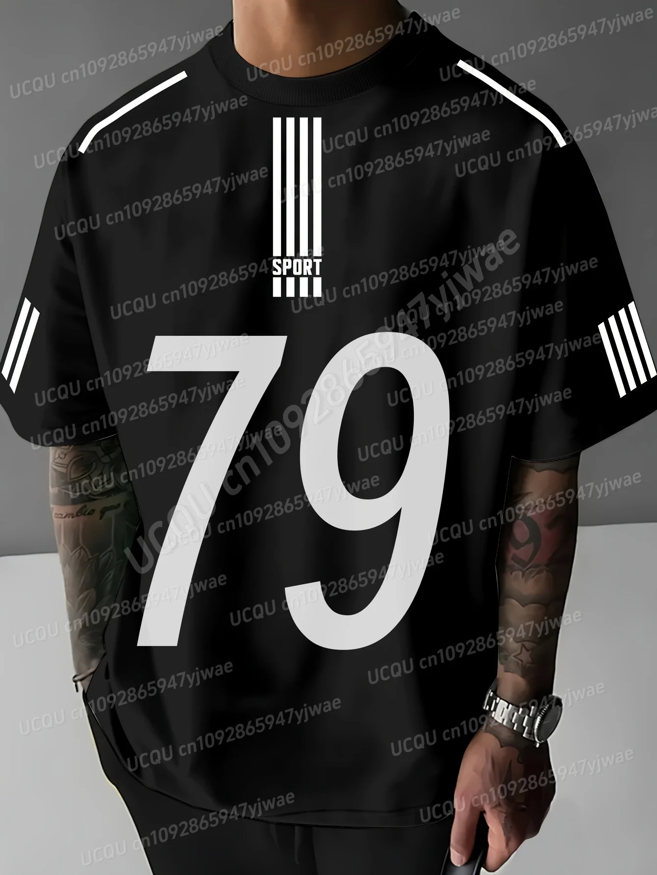 

2025 Summer Men Sports Loose Comfortable Men's T-Shirt Stripe Number 79 Letter Print Short-Sleeved Top Daily Street Men T-Shirt