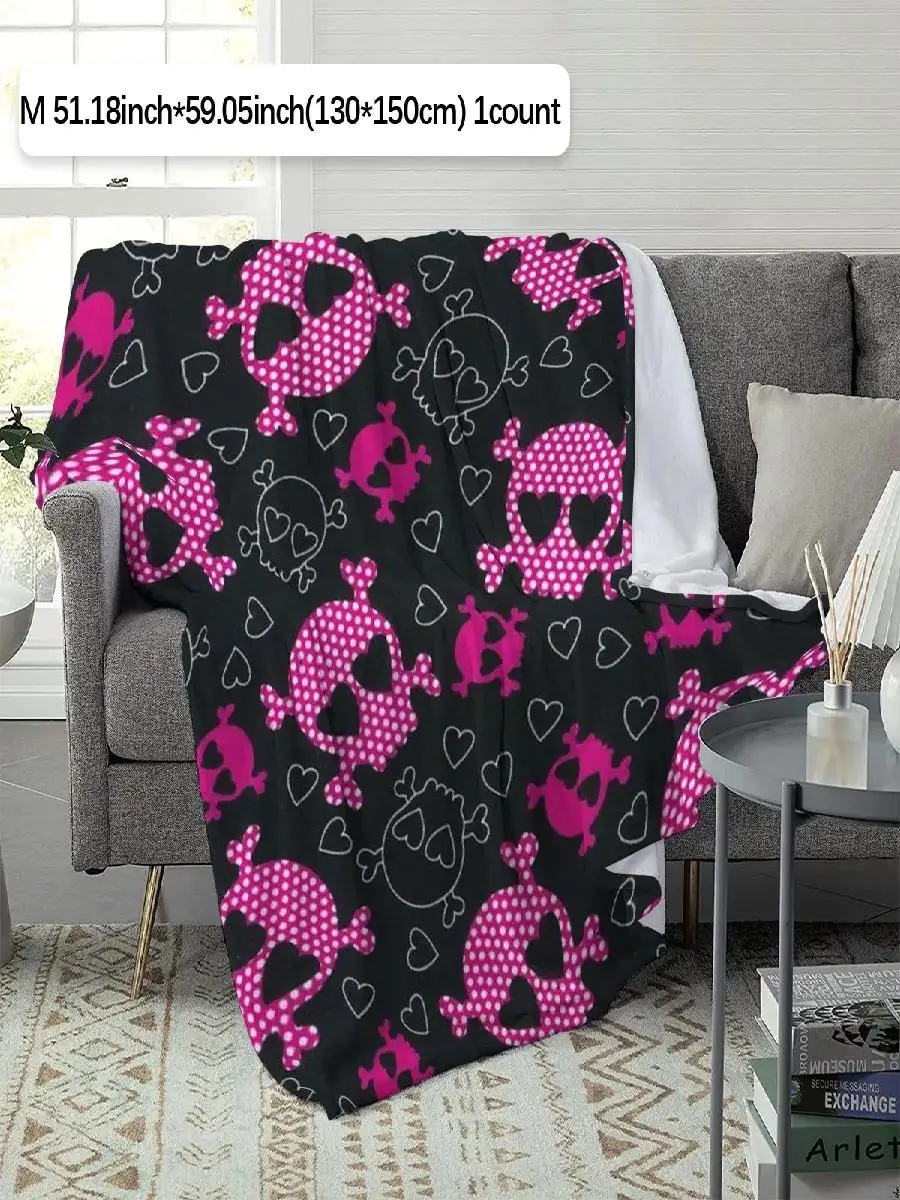 Solid Black Background Pink Polka Dot Skull White Heart Flannel Throw Blanket Soft Blanket for Sofa Gothic YK Cute Home Decor Gi