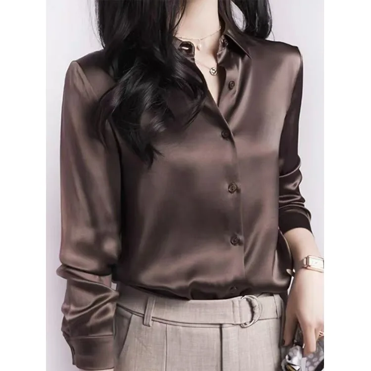 Burgundy Satin Long Sleeve Shirt Women's 2026 Autumn New Style Professional Versatile High End Feelings Match All Career OL