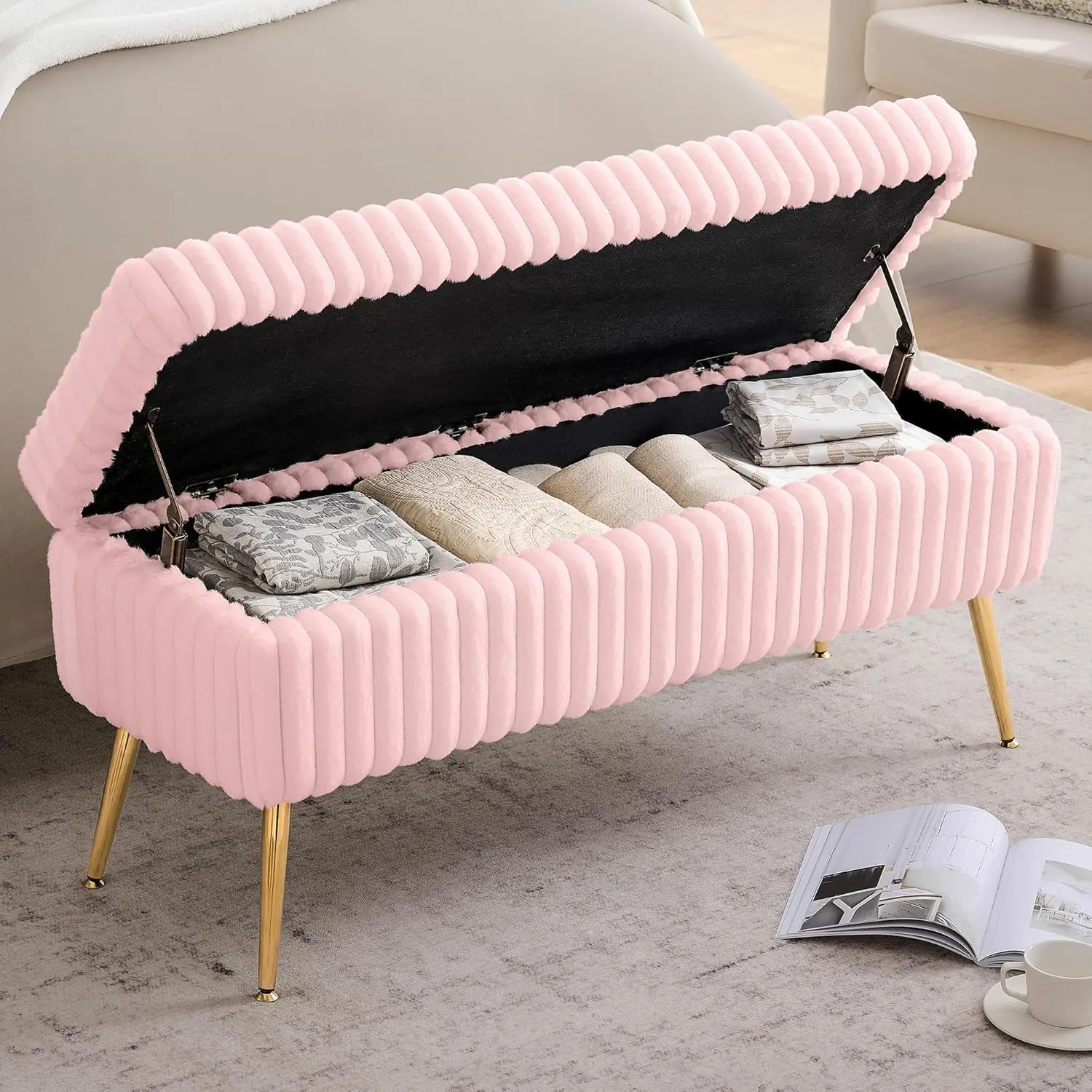 Banc de rangement pour chambre à coucher de 44 pouces, banc de rangement rembourré avec pieds en métal doré, banc de rangement moderne avec sièges pour le salon