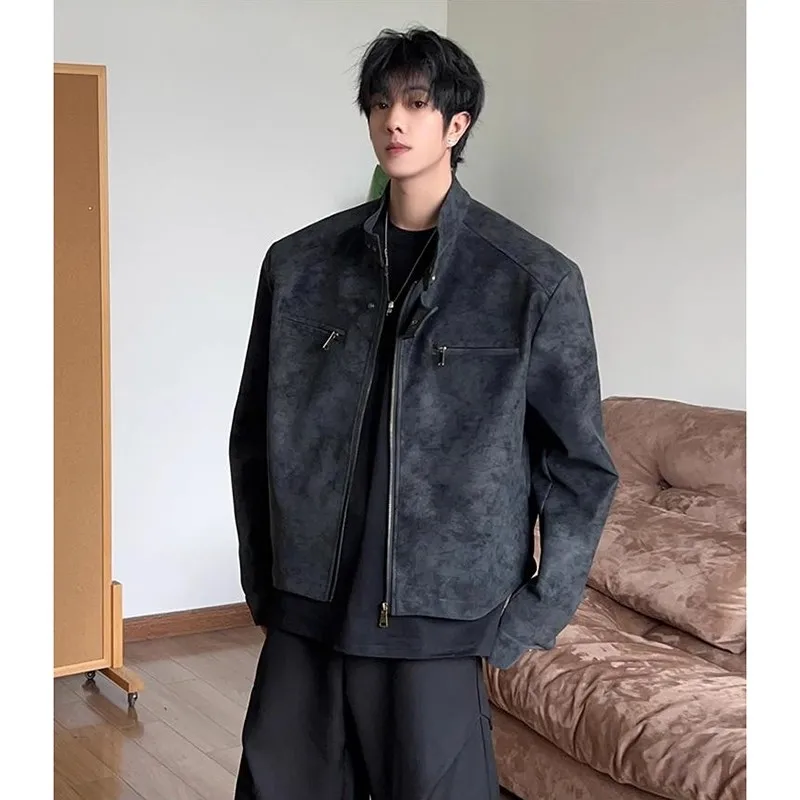 

Retro Brown ort Leather Jaet Men's Sle American Cleanfit Stand Collar High-End Feel Spring Autumn Season Outerwear