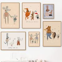 Mouse Family Rabbit Fox Hedgehog Dance Nursery Poster Nordic Wall Art Print Canvas Painting Boho Pictures For Bedroom Baby Decor