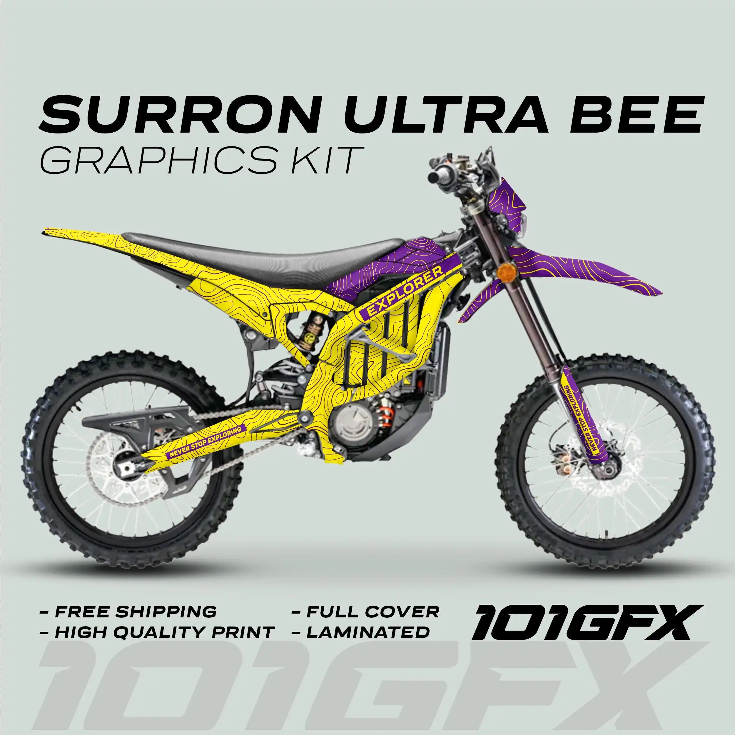 Graphics Kit EXPLORER YELLOW PURPLE Altitude Decals Stickers Laminated eBike Decals Wrap Protection For Surron Ultra Bee