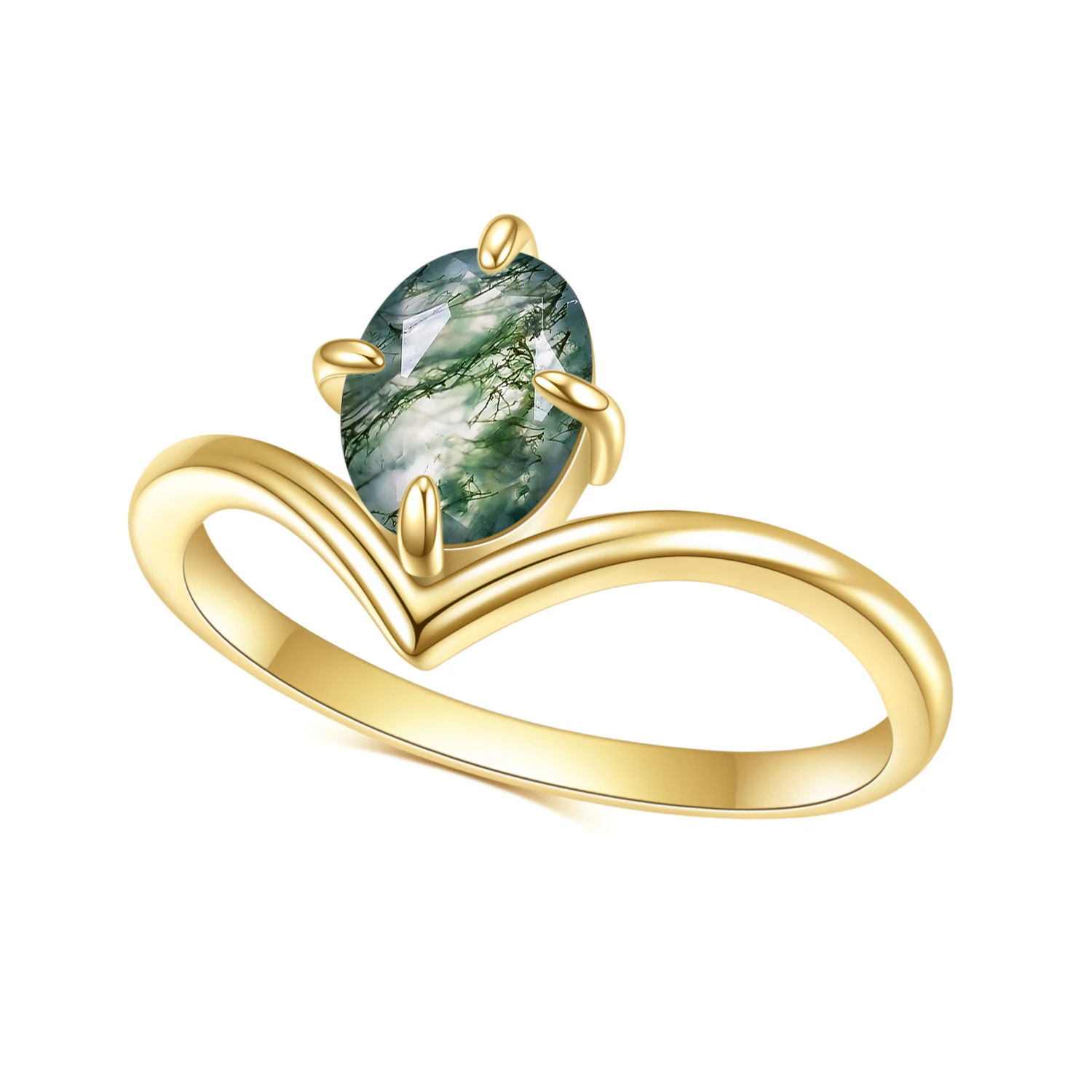 GEM\'S BALLLET Unique Moss Agate V Shape Engagement Ring Set  Chevron Wedding Band 2pcs Bridal Ring Set in 925 Sterling Silver