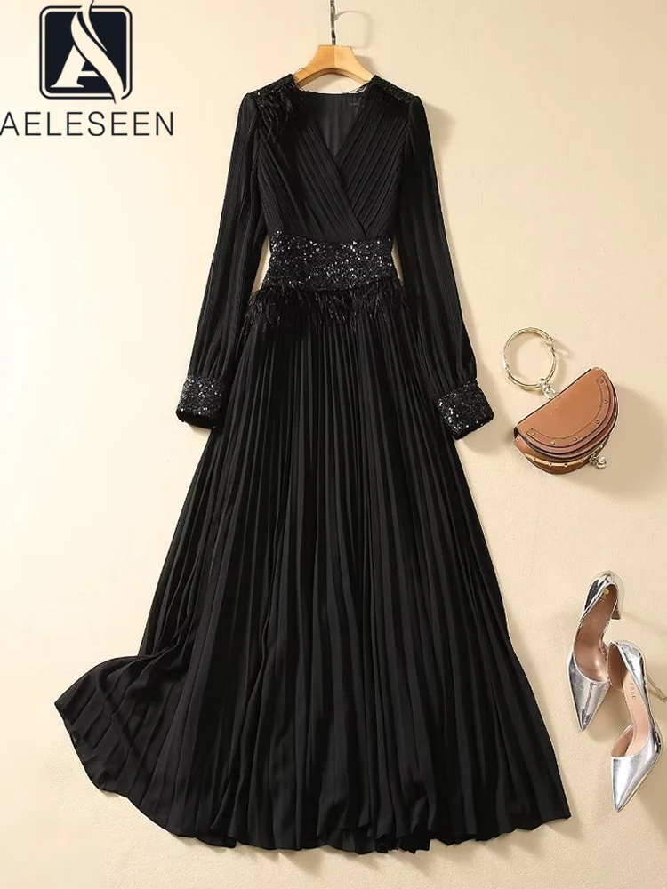 

AELESEEN Black Long Pleated Dress Women Runway Fashion V-Neck Feathers Luxury Sequined Embroidery Long Elegant Vintage