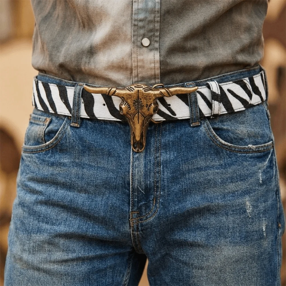 Western Bull Skull Buckle Leather Belt Zebra Print 3.8cm Wide Cowboy Waist Belt Trendy Brand Luxury Design Rivet Embossed Belt