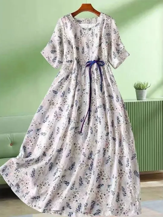 Women's Linen Dr round Ne Splicing Gored Skirt Floral Print Vintage Sle Summer New Arrival Thin ort Sve Long Dr