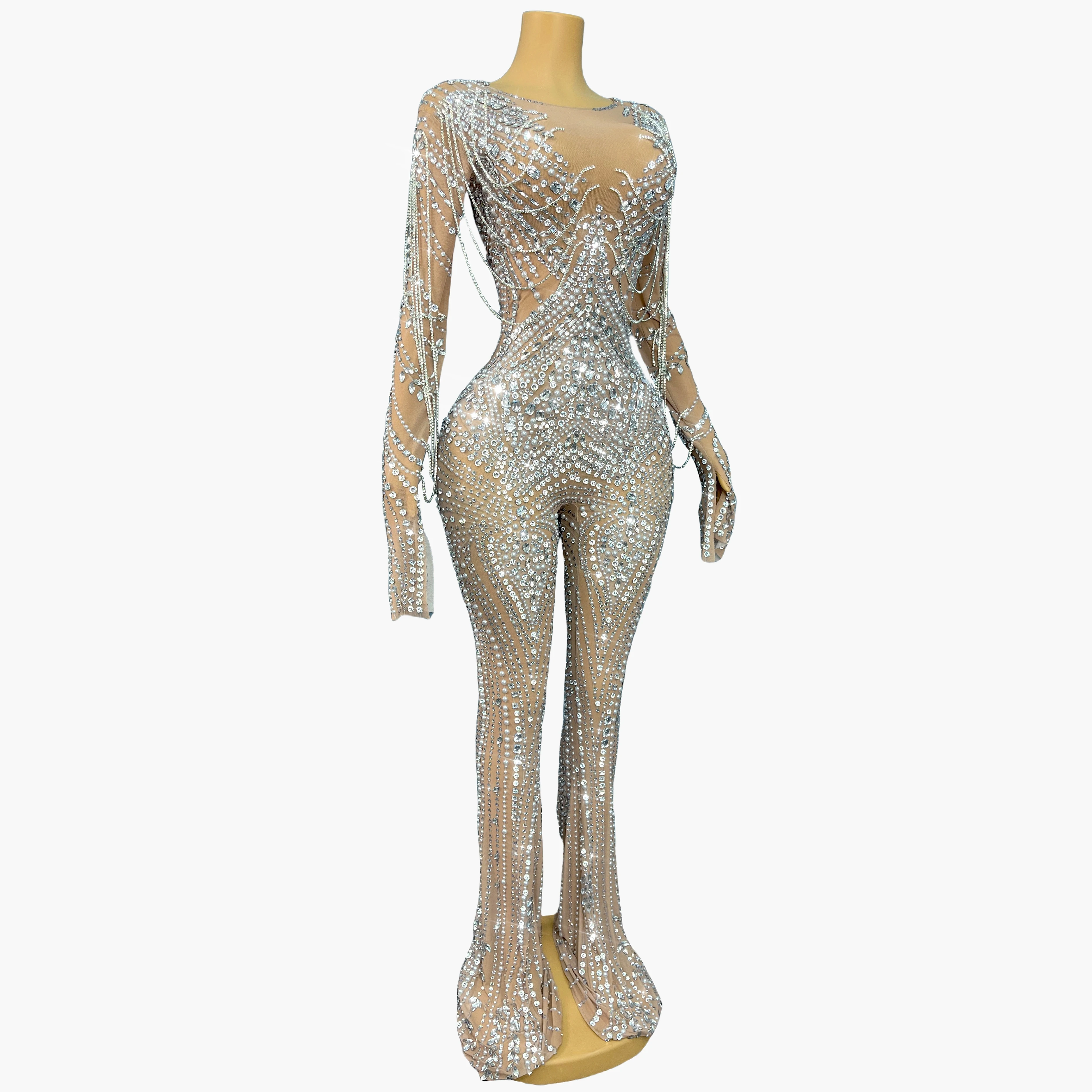 Peleles de manga larga con diamantes de imitación para noche, mono con cadenas de cristales ostentosos, mono elástico brillante Sexy para cumpleaños, Ropa de baile kuotui