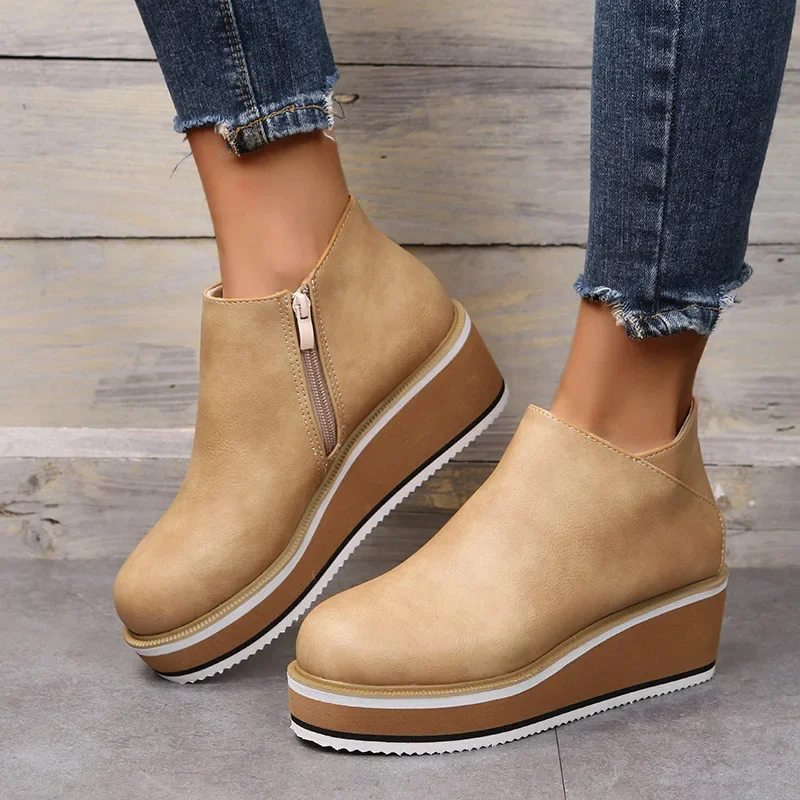 Women\'s Autumn Boots Round Toe Comfortable Platform Shoes Non-Slip Casual Lady Ankle Boots Side Zip Retro Female Mujer Zapatos