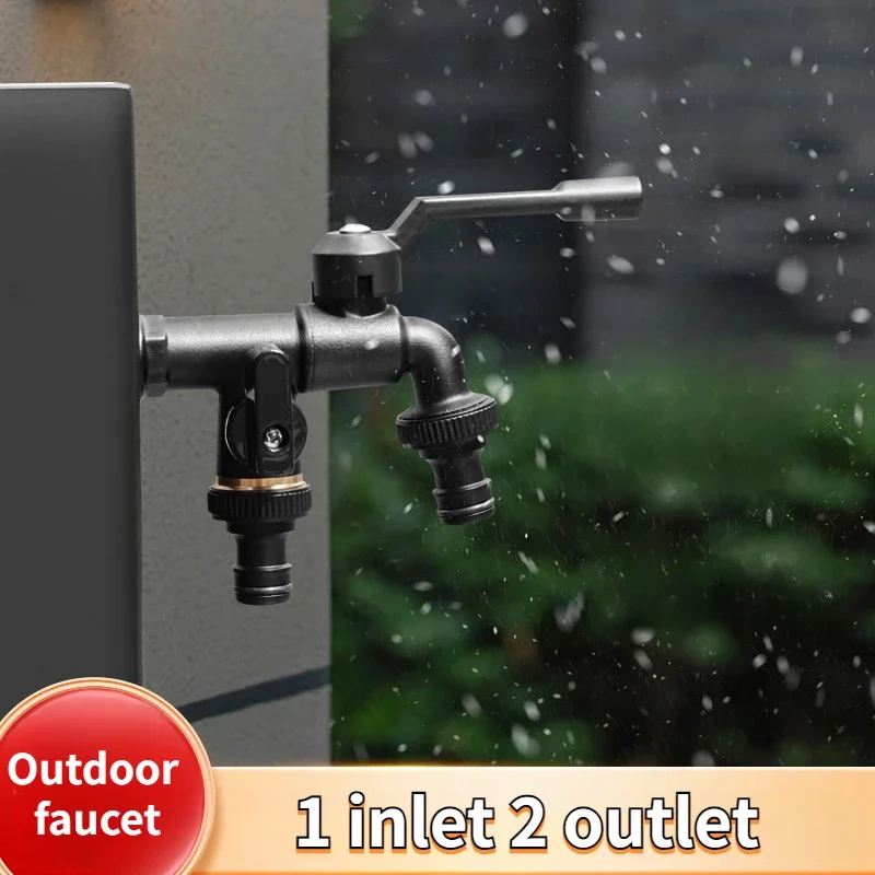 1PCS Outdoor Garden Black Water Faucet Tap Anti-Freeze Bibcocks with Hose Connector Dual Outlet for Washing Machine