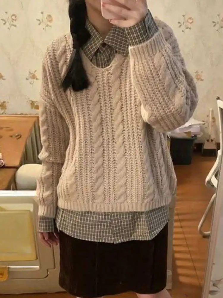 

Милый корейский вязаный свитер и клетчатый комплект из двух предметов, мягкий розовый, с предварительной талией, удобный, дышащий, модный