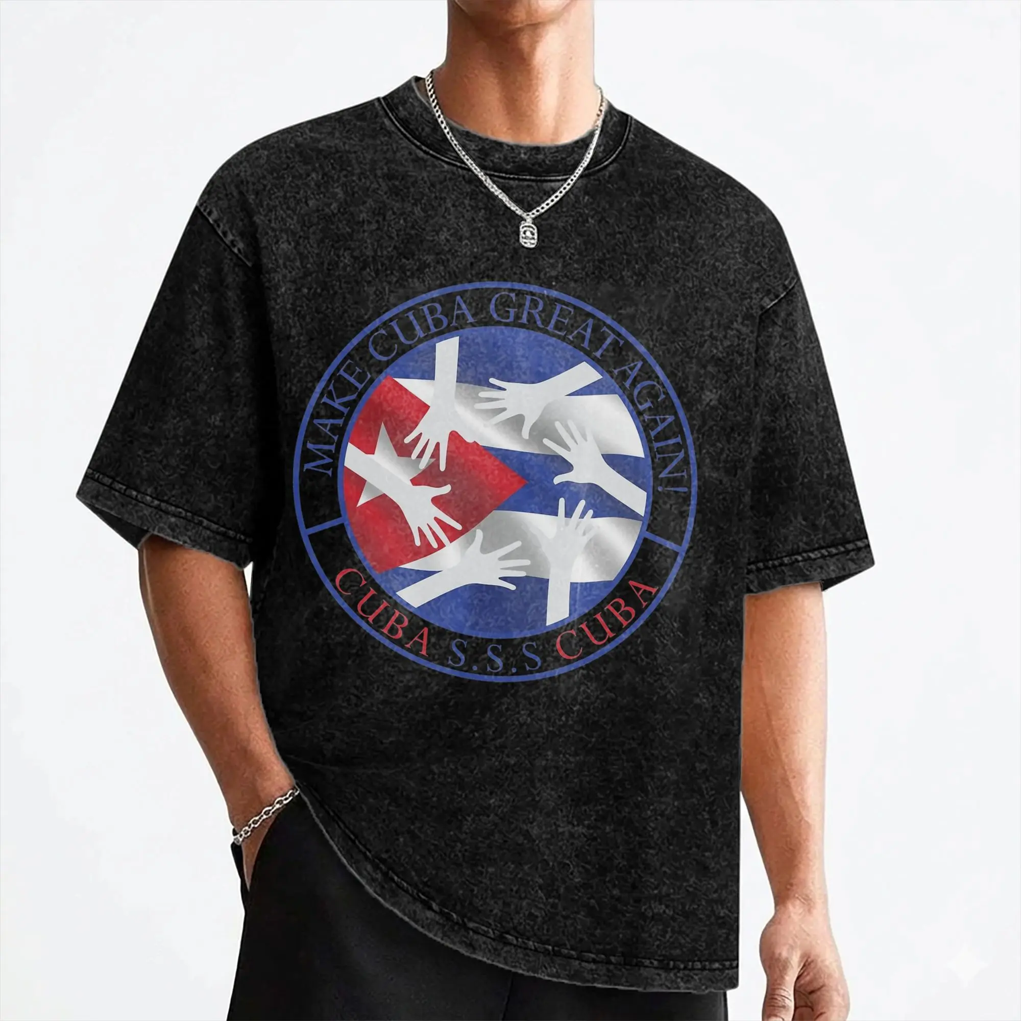 Washed T Shirt Make Cuba Great Again Hip Hop T-Shirt Harajuku Cuba SOS Streetwear 100% Cotton Summer Tee Shirt for Men Women
