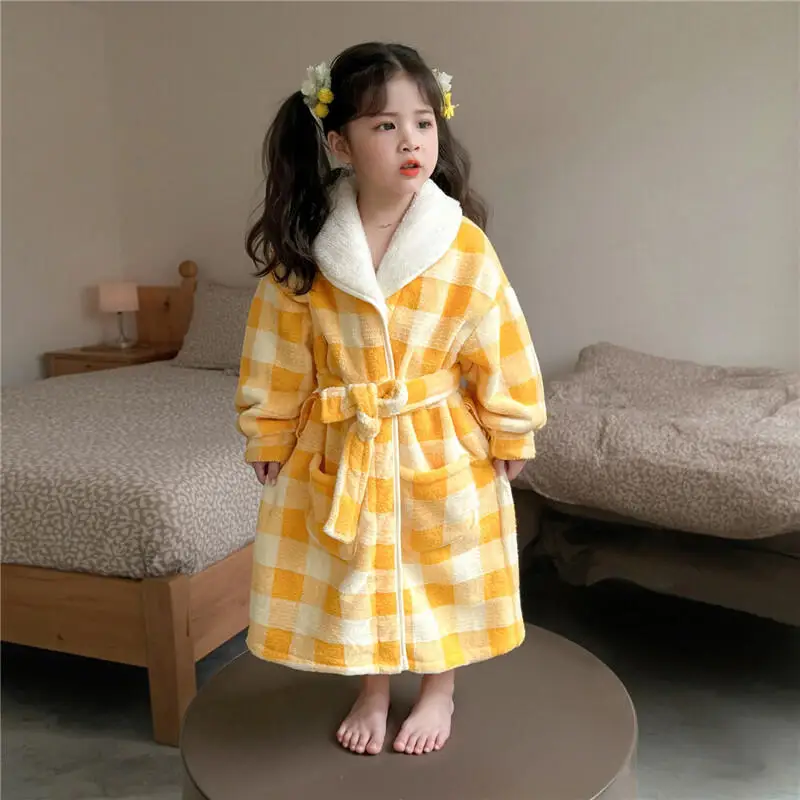 Girl Coral Fleece Pajamas Mid-Length Robe Autumn Winter Lace Up Bathrobe Homewear Child Fashion Kawaii New Style Casual Clothing