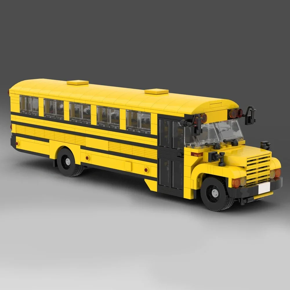 MOC-autobús escolar de ciudad americana, modelo de tránsito, bloques de construcción, vehículos clásicos, coches fanáticos, ladrillos, juguete para niños, regalo de cumpleaños