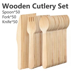 150Pcs Disposable Wooden Spoon Fork Knife Cutlery Set Wedding Birthday Party Tableware Decoration Supplies Dessert Cake Scoop