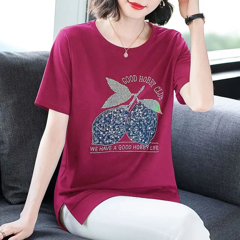 Fashion O-Neck Short Sleeve Sequined Diamonds Letter T-Shirts Women's Clothing 2024 Summer Loose Casual Tops Commuter Tee Shirt image 4