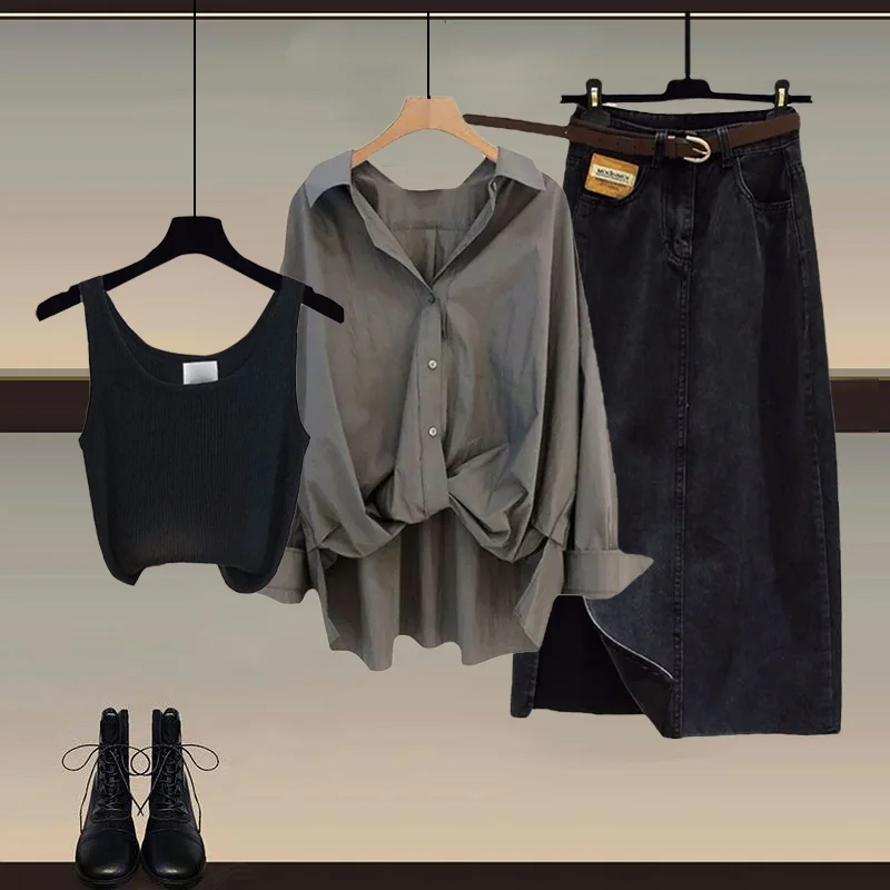 

Ранняя осень, винтажный джинсовый комплект из Гонконга Sle, длинный жилет Све айт, юбка, комплект футболки, большие размеры, модный женский комплект...