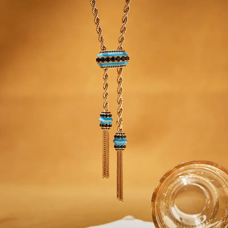 New Long Champagne Colour Tassel Necklace Earrings CZ Zircon Sweater Chain Necklace Drop Earrings For Women Dating Party Jewelry