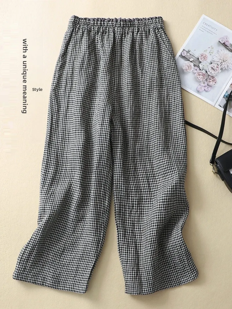 Casual algodão linho calças de perna larga cintura alta nove pontos cintura solta padrão xadrez marca feminina faion calças verão