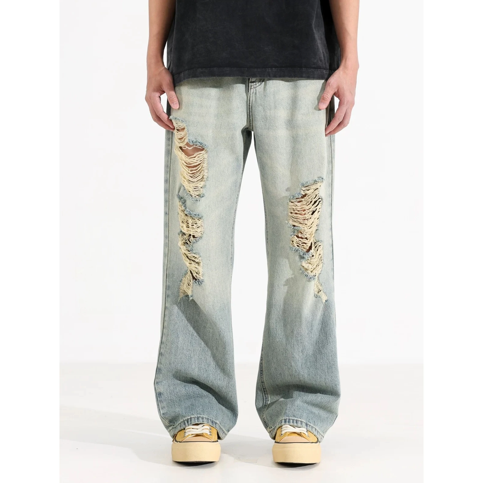 

Plus Size Jeans Man Pants Ripped Distressed Washed Straight Leg Loose Fit Denim Trousers American High Street Vintage Casual