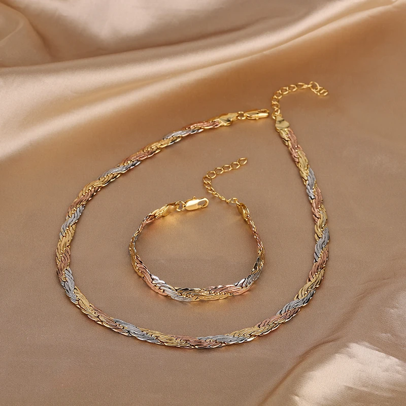 

EYIKA Hip Hop Copper Gold Plated Geometric Jewelry Set for Women Men 3 Color Plating Chunky Twisted Link Chain Bracelet Necklace
