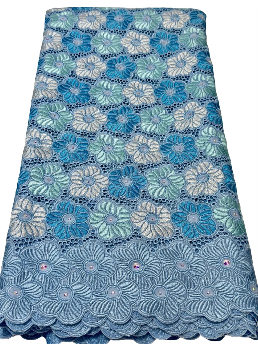 

Deluxe Original African Swiss Voile Lace Material Embroidered Hand Cut Holes Stones High Quality 100% Cotton Lace Fabric Sewing