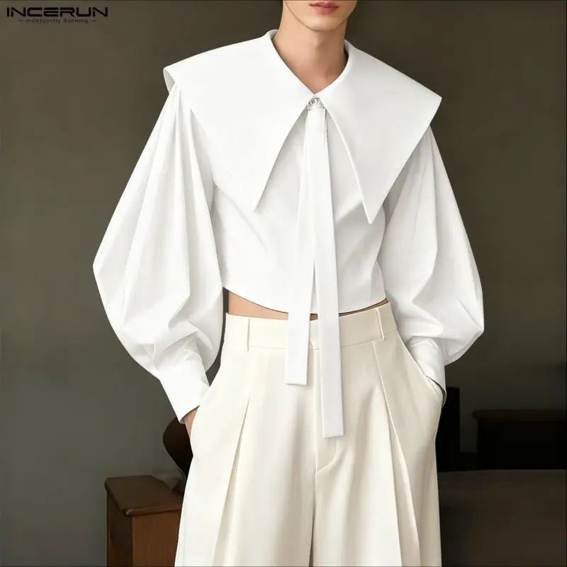 

INCERUN Мужская рубашка сплошной цвет темно-синий воротник с длинным рукавом повседневные укороченные топы мужская уличная одежда свободная элегантная модная мужская одежда S-5XL