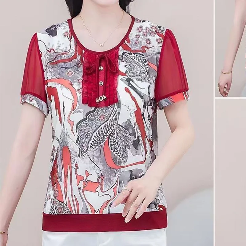 2023 New Summer Style Short Sleeved Lace Up Chiffon Top with Wooden Ear Edge Leopard/Floral Print Crew Neck Loose T-shirt Women