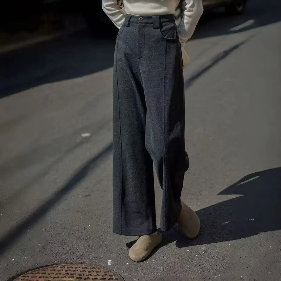 

Серые костюмные брюки, женские осенние и зимние драпированные брюки, новые универсальные прямые брюки, узкая версия, широкие брюки