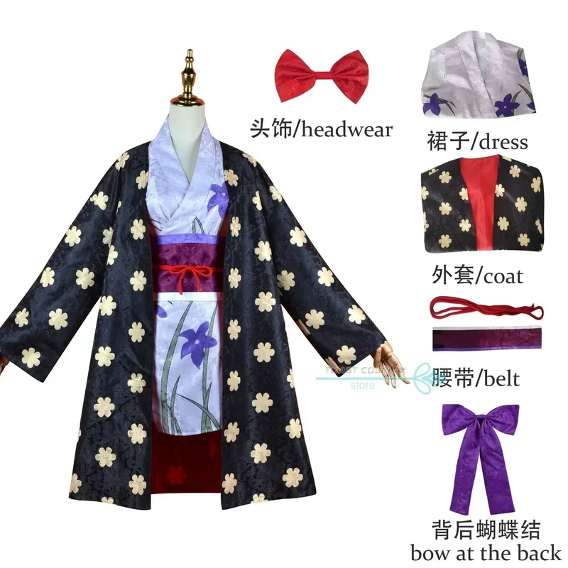 Anime Cosplay Kostüm Anime Kleidung Nico Robin wunderschöne dunkle Print Kleidung Kimono für Frauen Party Cosplay Bogen Zubehör