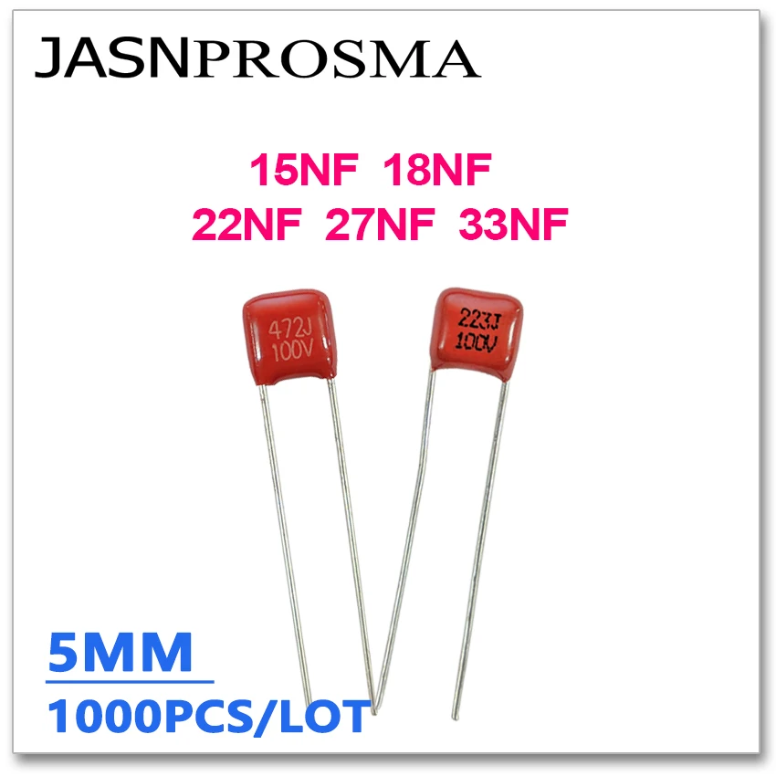 Конденсатор JASNPROSMA CBB, шаг 5 мм, 100 В, 250 В, 1000 шт., 15NF 18NF 22NF 27NF 33NF 153J 183J 223J 273J 333J 0,022 мкФ DIP 5%