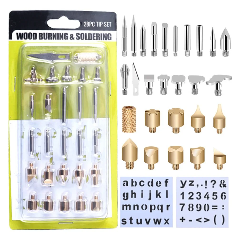 Wood Burning Tips Set, 28pcs Wood Burning Tool Kit Carving Alphabet Figure Symbol for Pyrography Embossing Soldering DIY Crafts