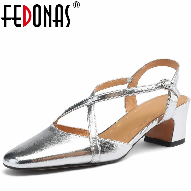 FEDONAS Women Sandals Thick Heels Genuine Leather Cross-Tied Slingback Pumps Round Toe Dress Office Lady Shoes Woman Summer New