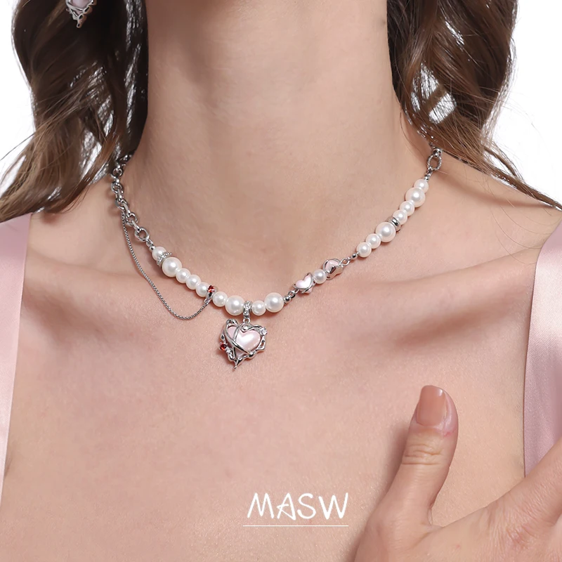 MASW Original Design Pink Heart Necklace Senior Valentine`s Day Gift High Quality Copper Pearl Necklace For Women Jewelry