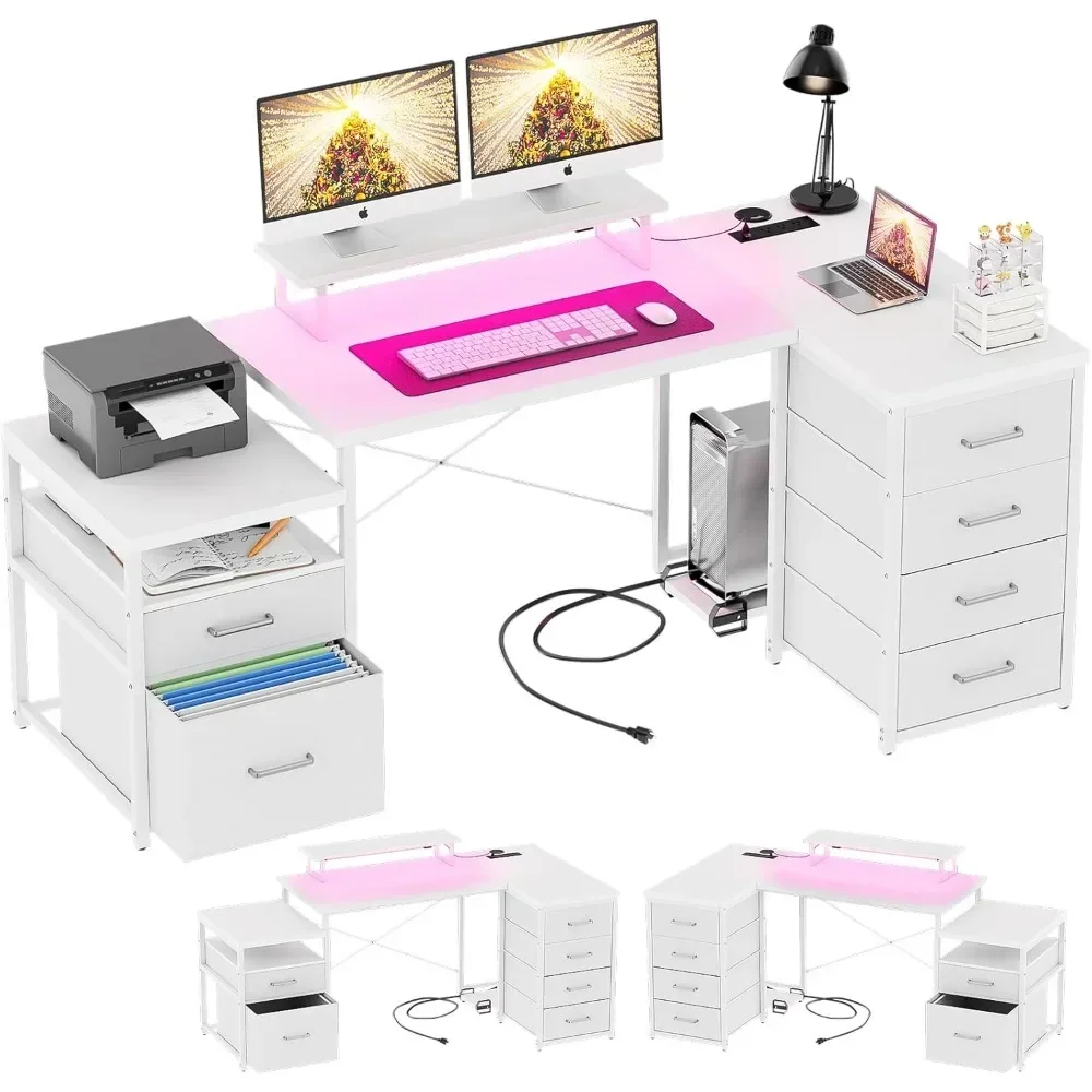 

Unikito 70.8" Reversible L Shaped Computer Desk with Fabric File Drawers, Corner Desk with RGB LED Lights & Power Outlets