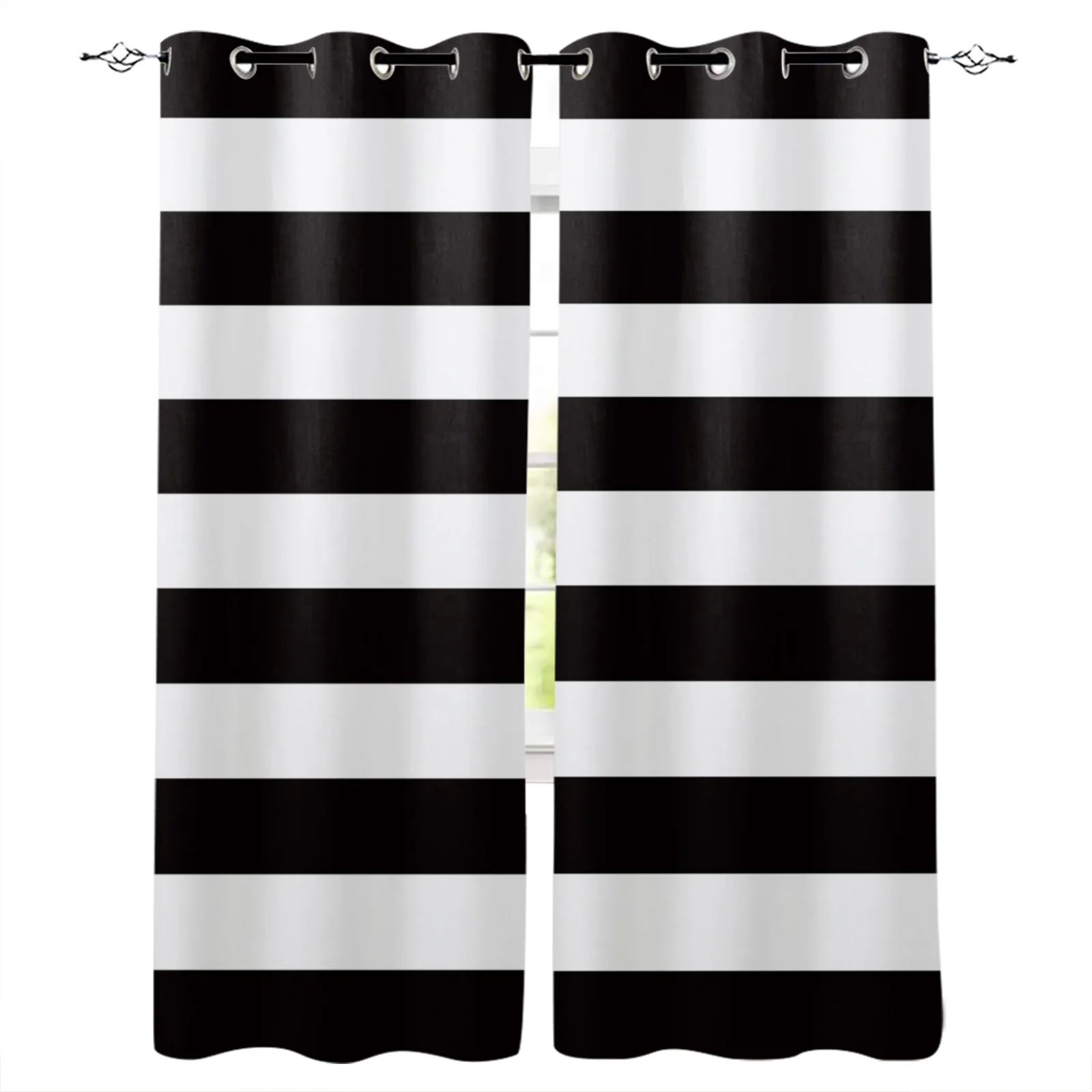 Simple Black And White Stripes Abstract Boy Window Curtains Drape for Kids Bedroom Living Room Kitchen Door Home Decor 2Pieces