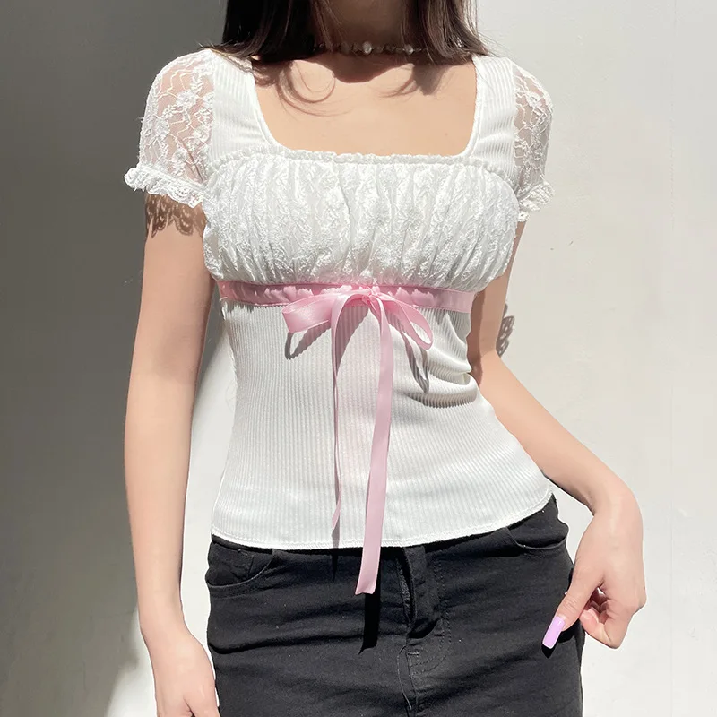 Europe and the United States sweet girl white lace splicing basic short-sleeved T-shirt square collar tie slim thread top