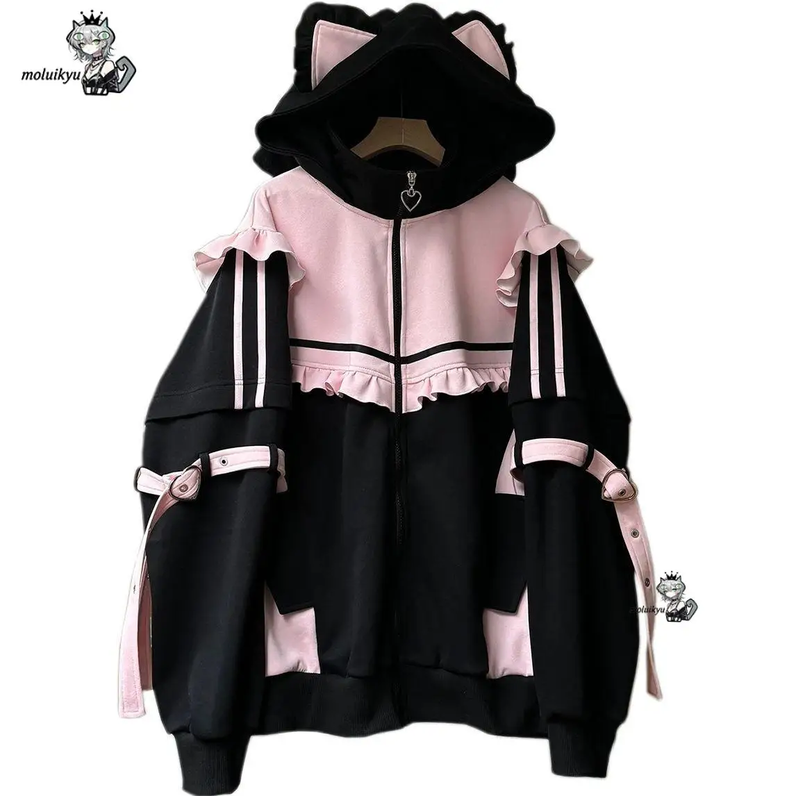 Y2K Kawaii Cat Ear Hoodie Women Pink Black Zip Up Jacket Sweet Ruffle Harajuku Streetwear Belt Girl Aesthetic Gothic Sweatshirt