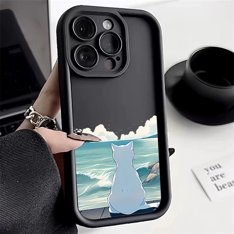 

Cute Cat Watching the Sea Phone Case For iPhone 16 13 12 11 Pro Max 15 14 pro 16E XS X XR 8 7 SE2 16 Plus Shockproof Cover