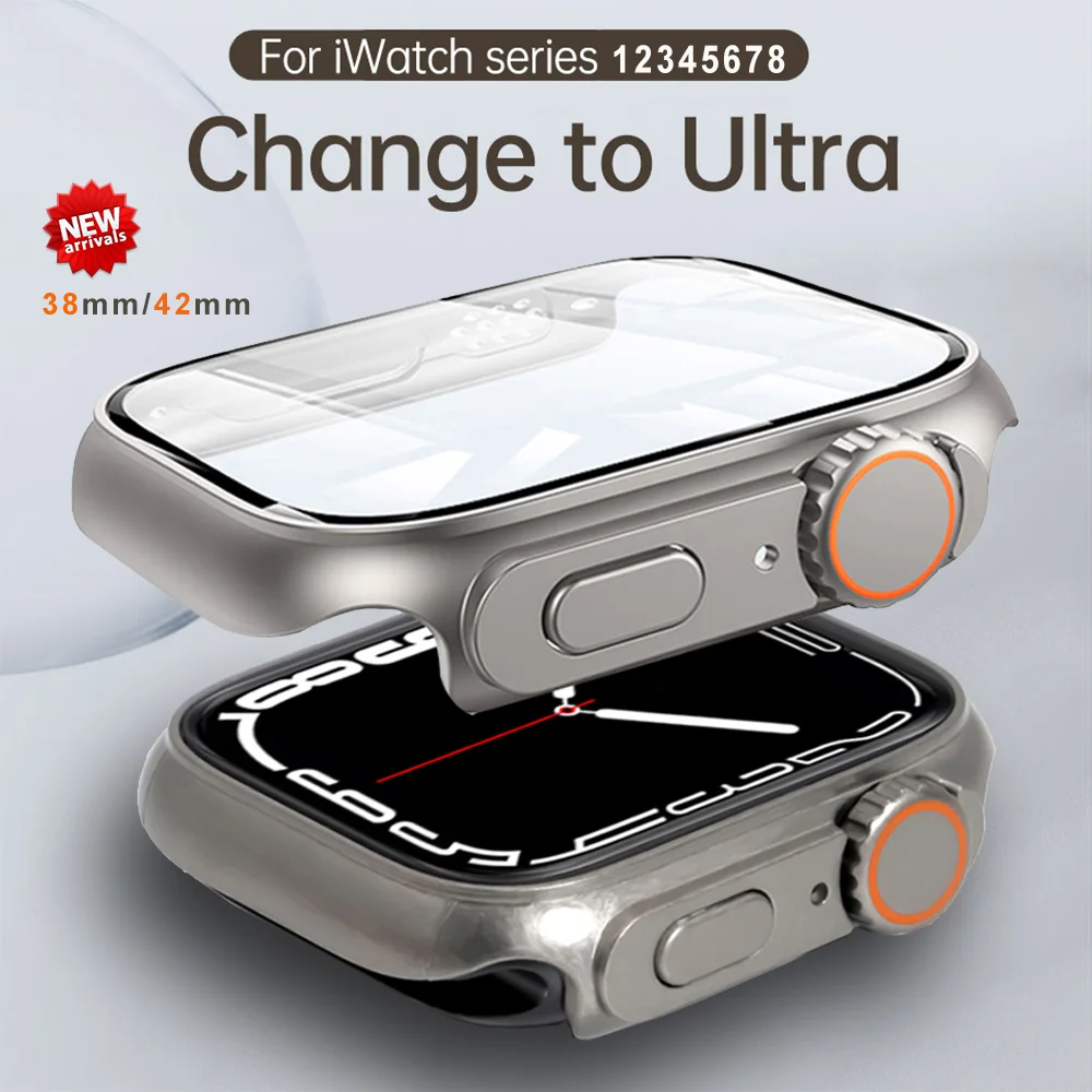 Change to Ultra For Apple Watch Case Tempered Glass Cover 8 7 6 5 4 45mm 44mm 41mm 40mm 42mm Appearance Upgrade to Ultra 49mm